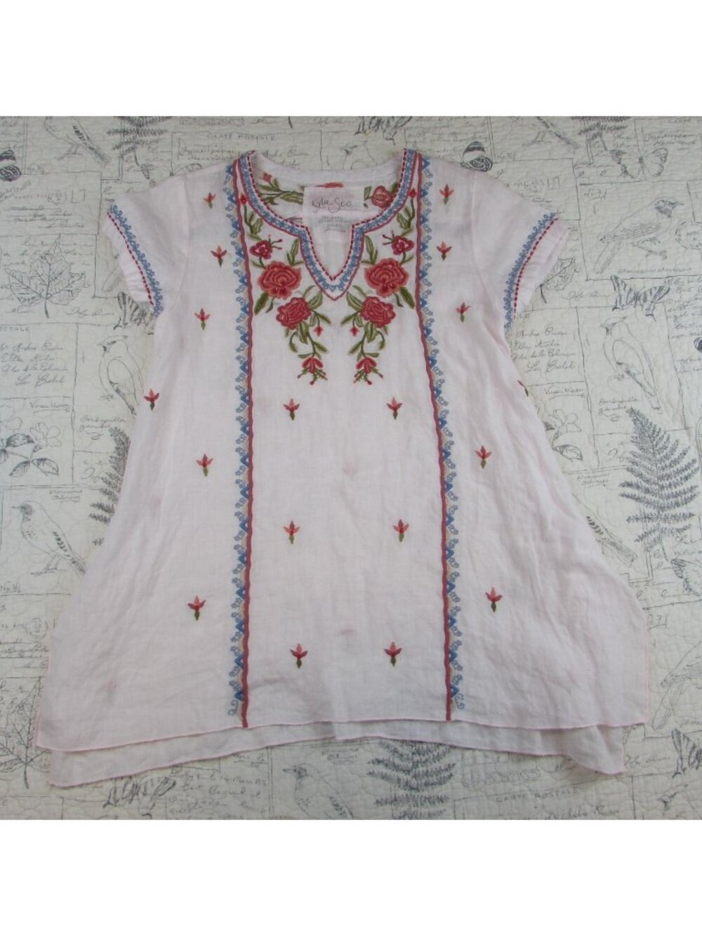 EUC  Kyla Seo Pink Linen Tunic Blouse Embroidered split v short slv side vent S